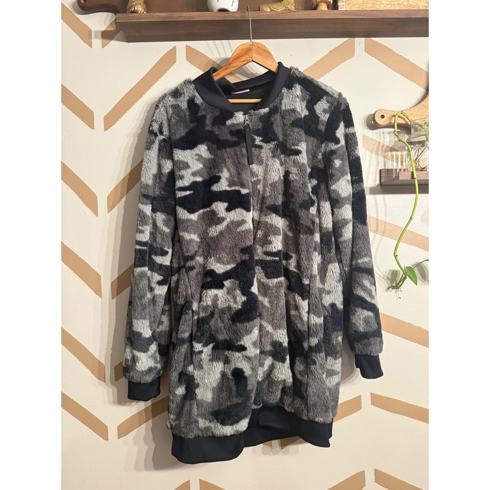 Columbia Fleece Jacket Womens Large Black Grey Fuzzy Camo Zip Up AL2770